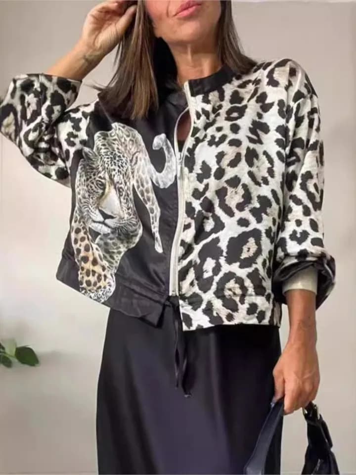 Dámská leopardí jarní bunda se zipem - stylový casual kabát pro volný čas
