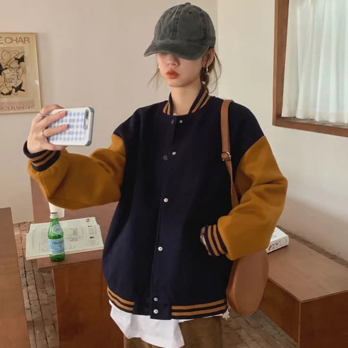 Pánská baseballová bunda podzim/zima volný střih barevné bloky sportovní styl trendy