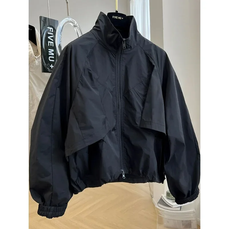 Dámská volná jarní bunda černá | Módní sportovní kabát s límcem | Lehká podzimní bunda