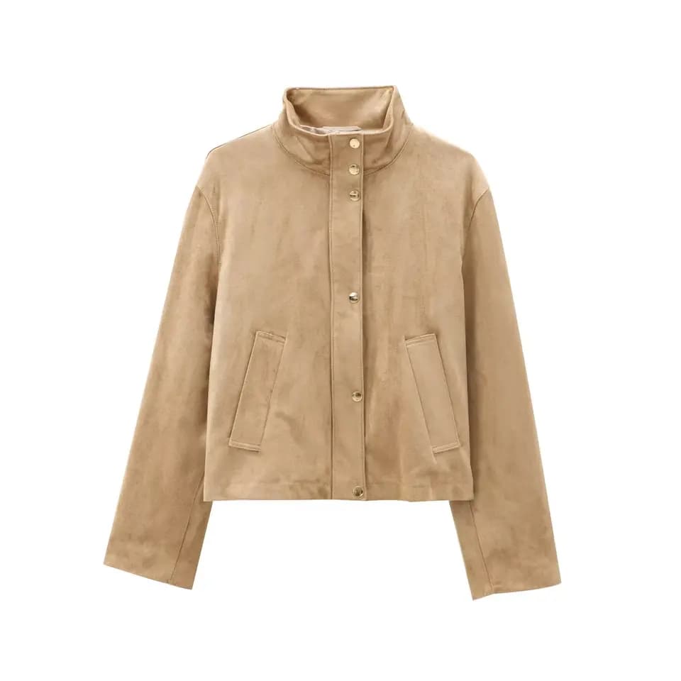 Dámská kožená semišová bunda s vysokým límcem – elegantní casual styl, černá barva S-XL