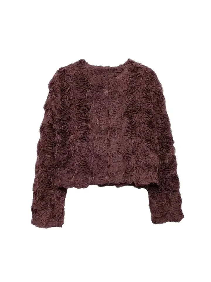 Dámská módní texturovaná bunda s knoflíky a květinovým vzorem - elegantní crop top kabátek