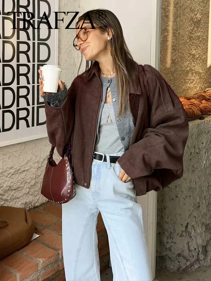 Dámská semišová bomber bunda podzimní módní oversized kabát s límcem na zip