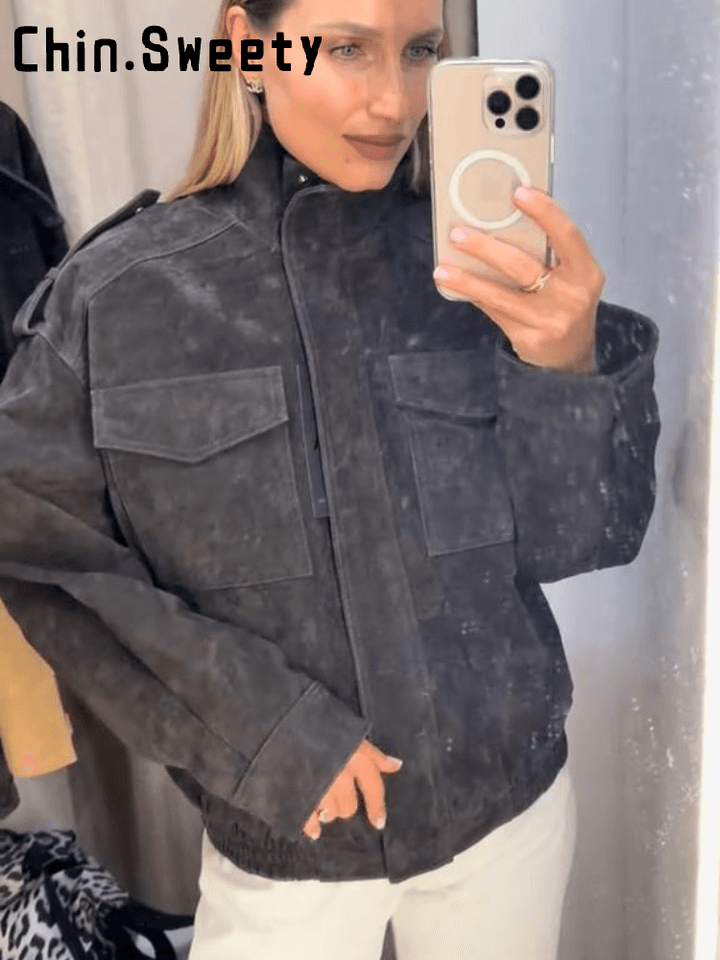 Dámská semišová bunda khaki | Volný střih | Elegantní podzimní/zimní kabát