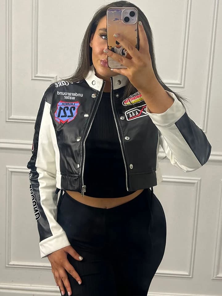 Dámská patchworková bunda s potiskem - stylový kabát pro volný čas, podzimní trend Y2K