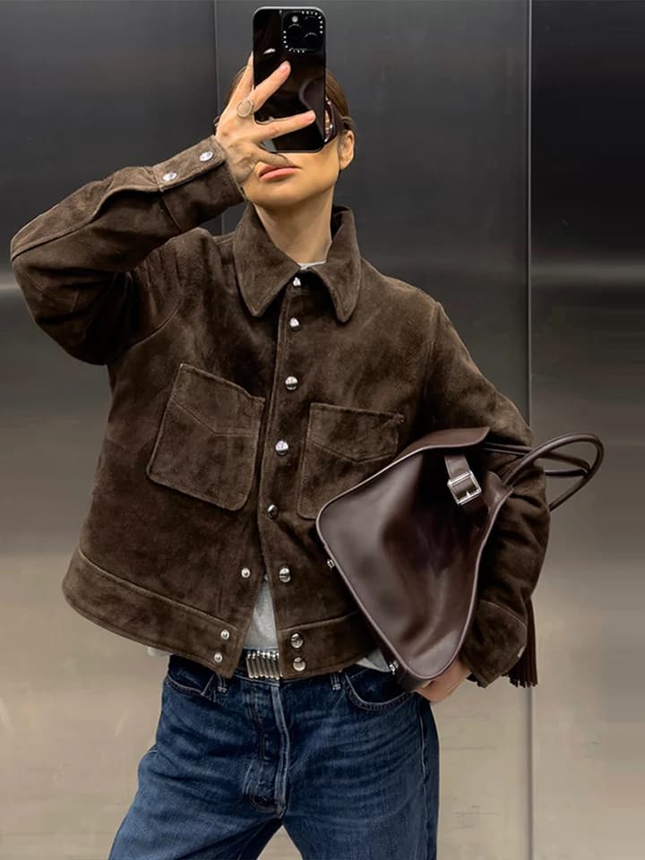 Dámská semišová bunda hnědá vintage střih jarní kabátek módní styl lehká