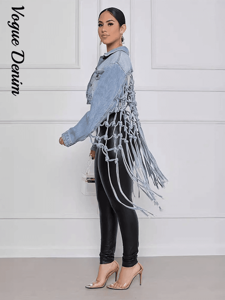 Módní dámská džínová bunda s třásněmi a límcem - letní styl streetwear S-XL