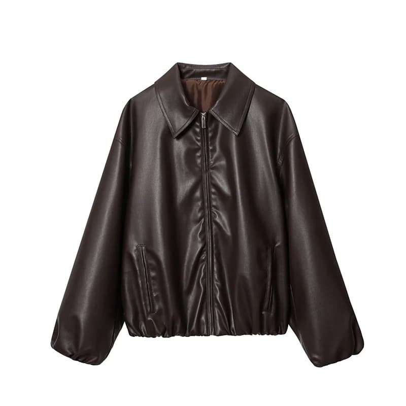Dámská kožená bomber bunda černá módní zimní kabát s límcem elegantní stylový outerwear