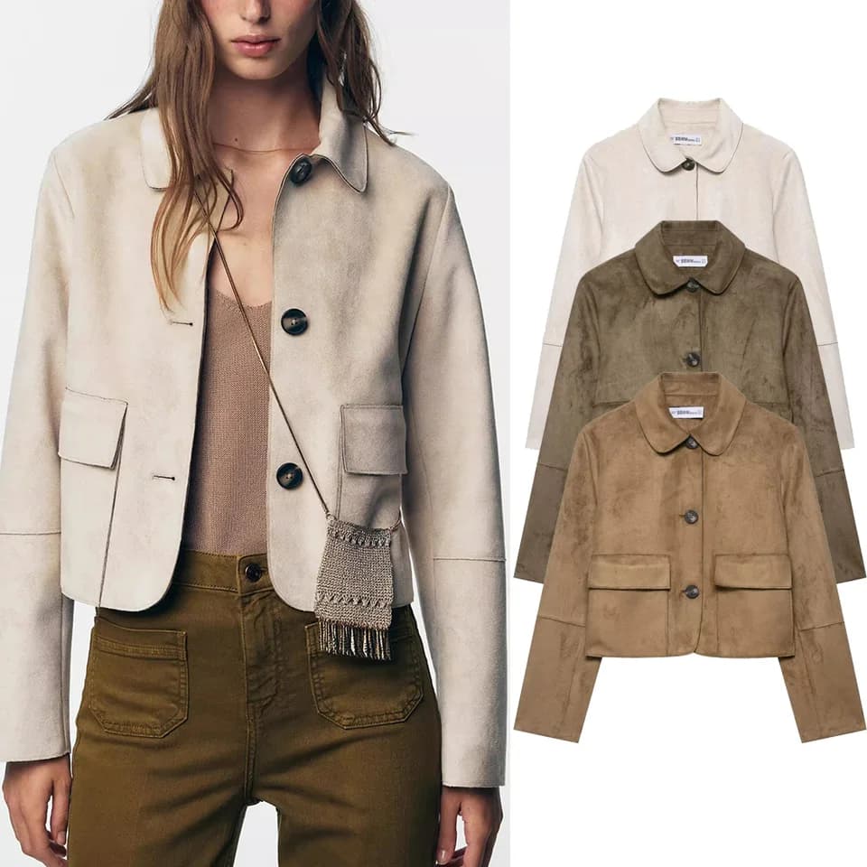 Dámská elegantní krátká bunda slim fit podzimní vintage kabátek s kapsami a límcem