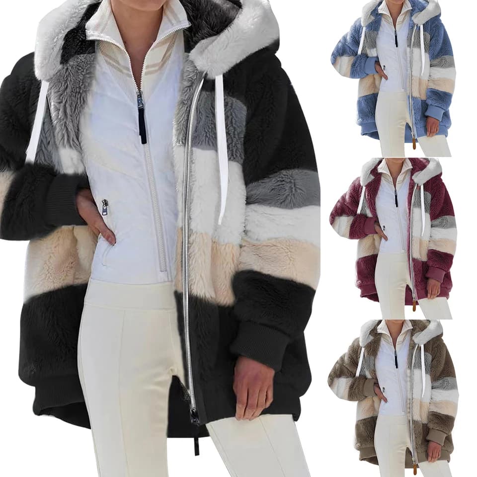 Dámský zateplený kabát s kapucí - módní jarní/podzimní bundička na zip, vícebarevný design