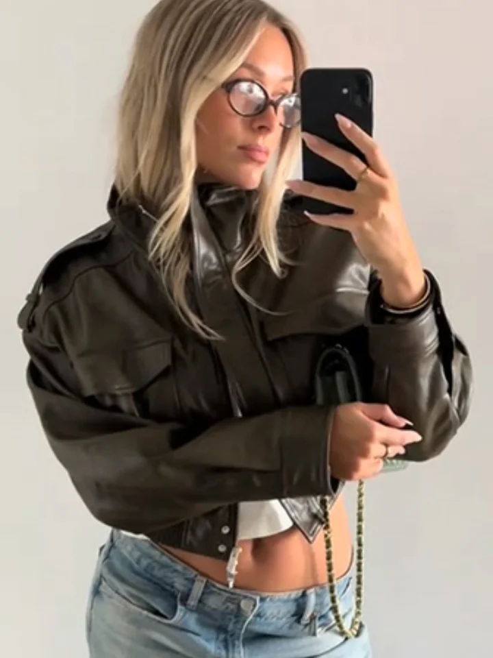 Dámská kožená bomber bunda Y2K crop styl motorkářská móda podzim/zima