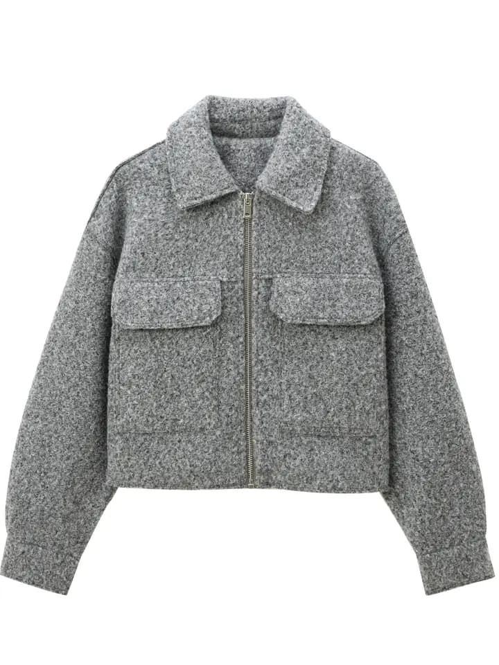 Dámská podzimní bundička s límcem a zipem - módní crop kabátek se záplatami