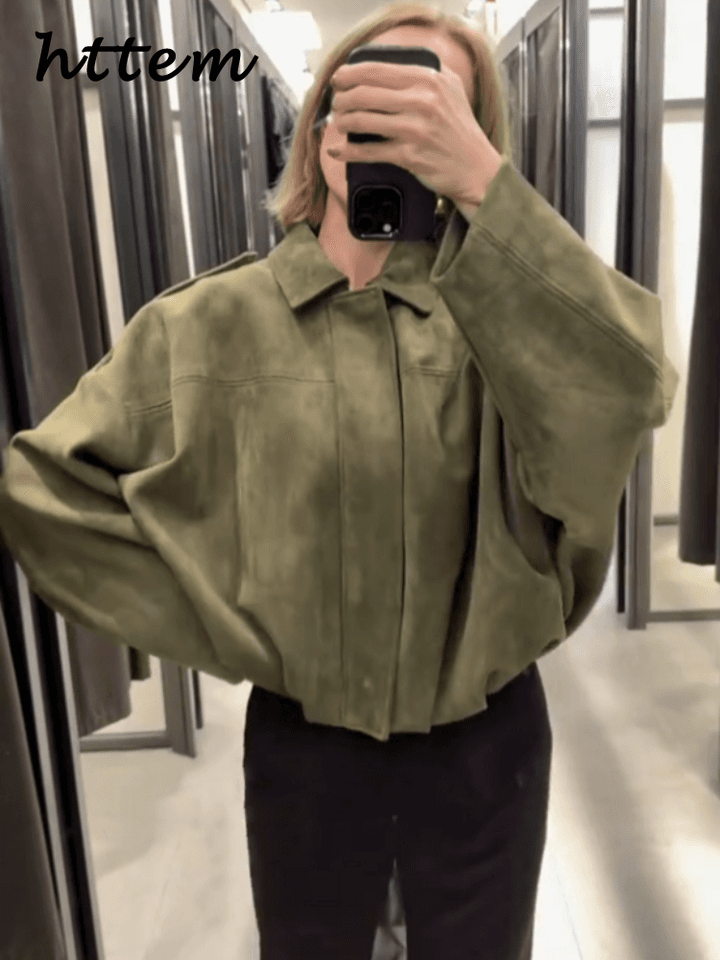 Dámská semišová bomber bunda v moderním stylu - elegantní podzimní kabát