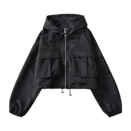 Dámská bílá technická bunda s kapucí a kapsami - sportovní crop windbreaker kabát XS-XL - náhled 3