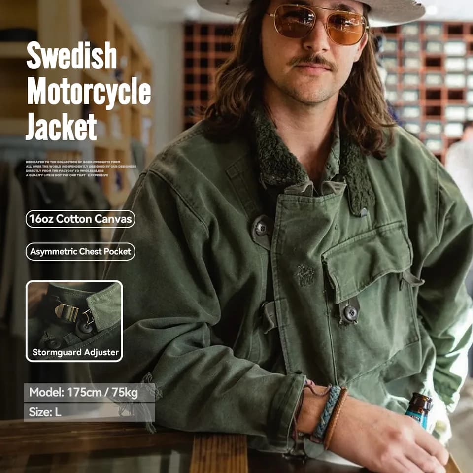 Pánská plátěná bunda zelená retro styl motorkářská kapsy lovecká pracovní jarní podzimní
