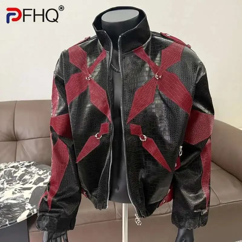 Pánská kožená bunda černá prošívaná módní stylový zimní kabát slim fit
