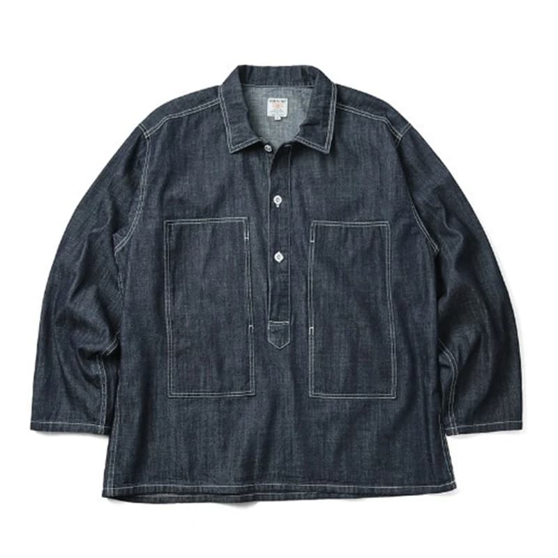 Pánská volná vintage džínová pracovní bunda ve stylu 30. let modré barvy nadčasový outdoor outfit