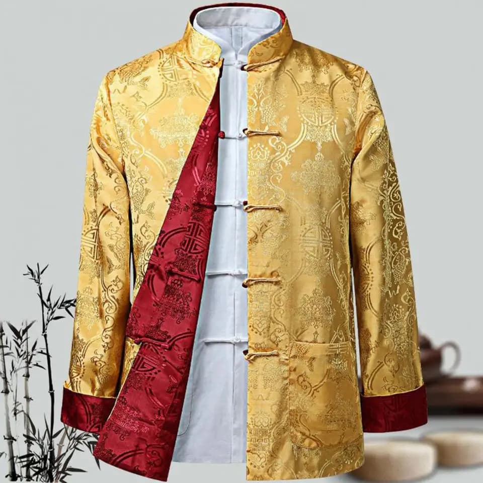 Tradiční pánská Tang dynastie dlouhá bunda oboustranný vintage čínský kabát stylový elegantní