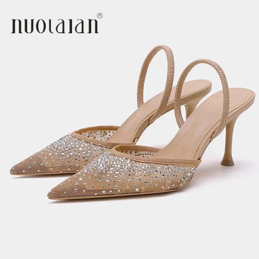 Dámské letní sandály s kamínky na vysokém podpatku - elegantní společenská obuv