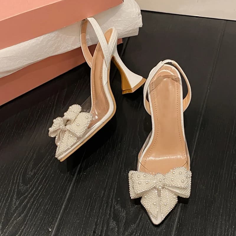 Dámské perleťové lodičky na podpatku bílé transparentní svatební elegant sexy špičatý špic