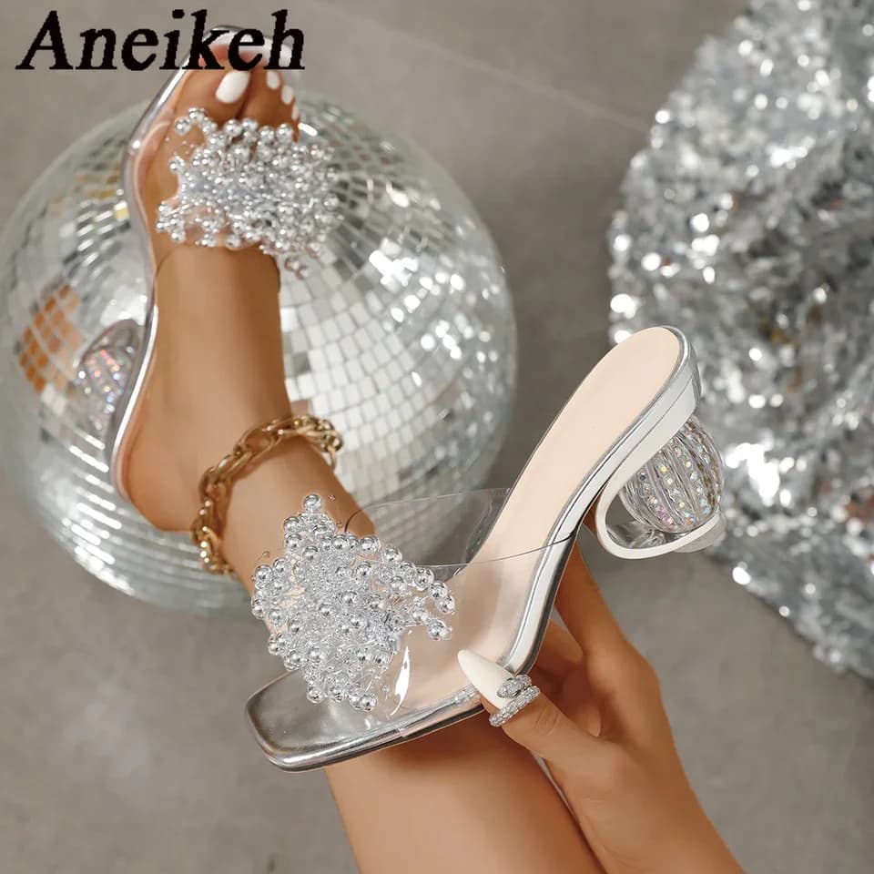 Dámské luxusní průhledné sandály na vysokém podpatku s kamínky a květinovým vzorem