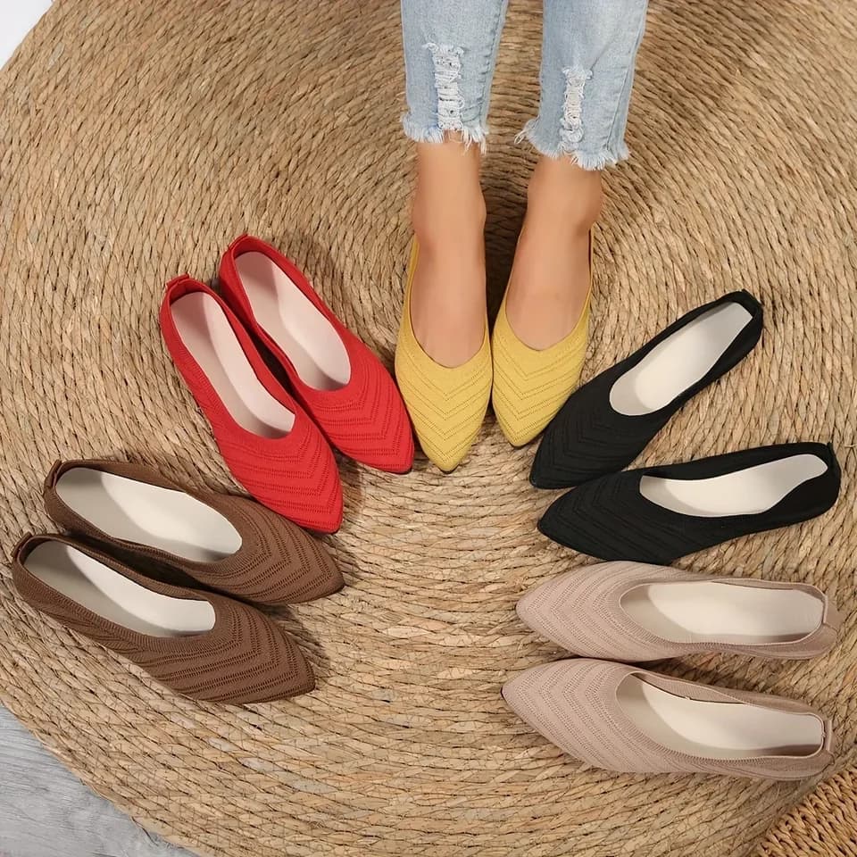Dámské balerínky slip-on s úzkou špičkou pletené prodyšné ploché boty