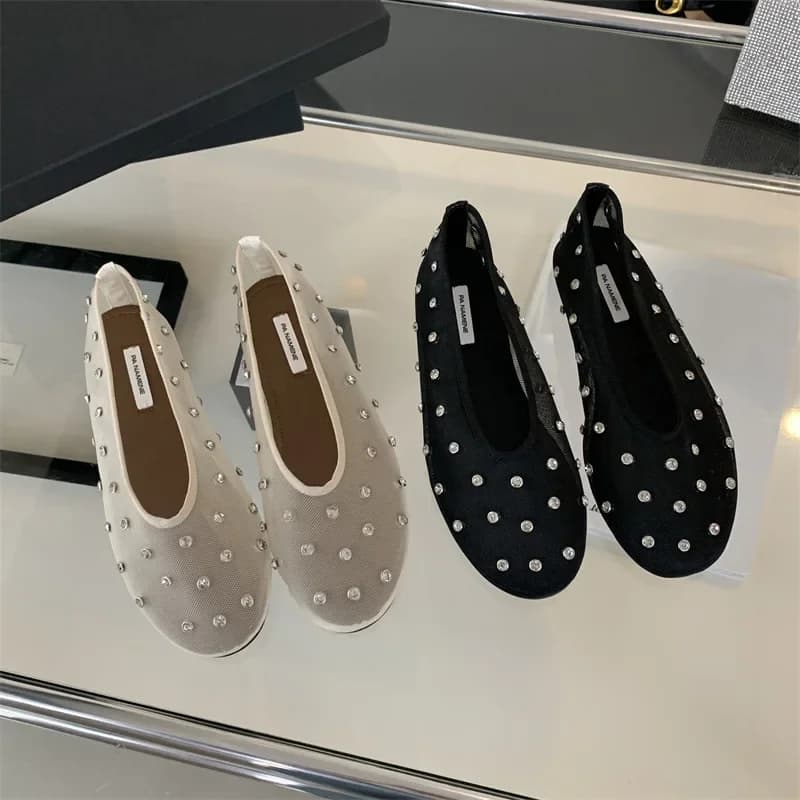 Dámské Mary Jane ploché boty s kamínky kulatá špička letní jednobarevné
