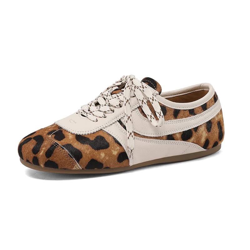 Dámské kožené tenisky s koňskými vlasy leopardí patchwork šněrovací kulatá špička