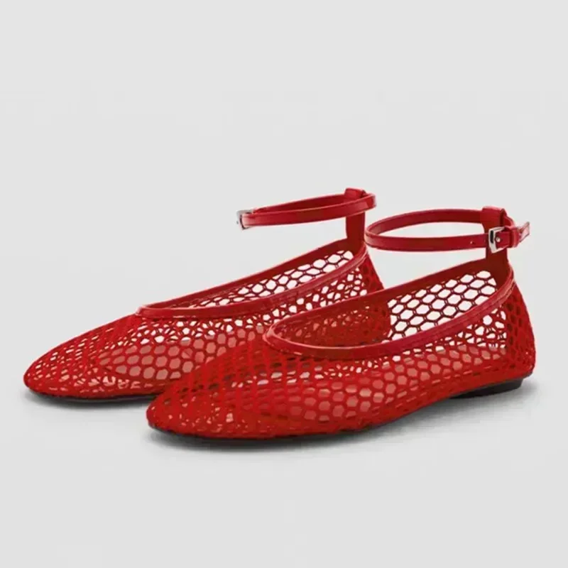 Prodyšné síťované baleríny pro ženy T-strap spona neklouzavá podrážka pohodlné