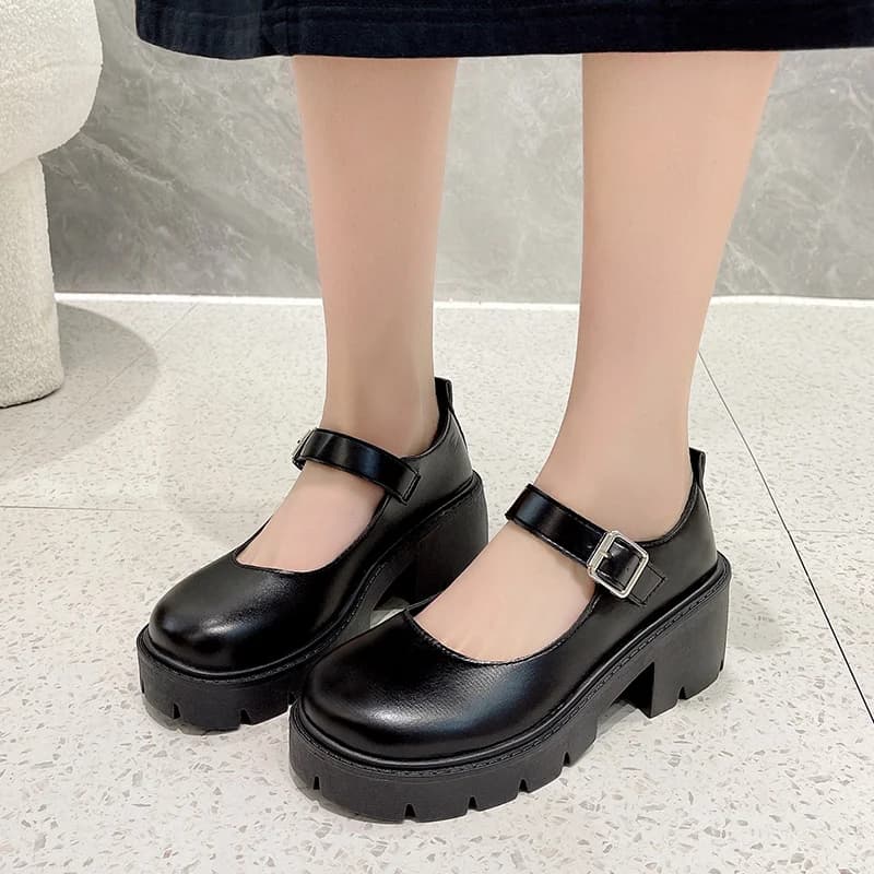 Lakované kotníkové platformové boty Mary Jane s přezkou pro ženy japonský styl tlusté podpatky