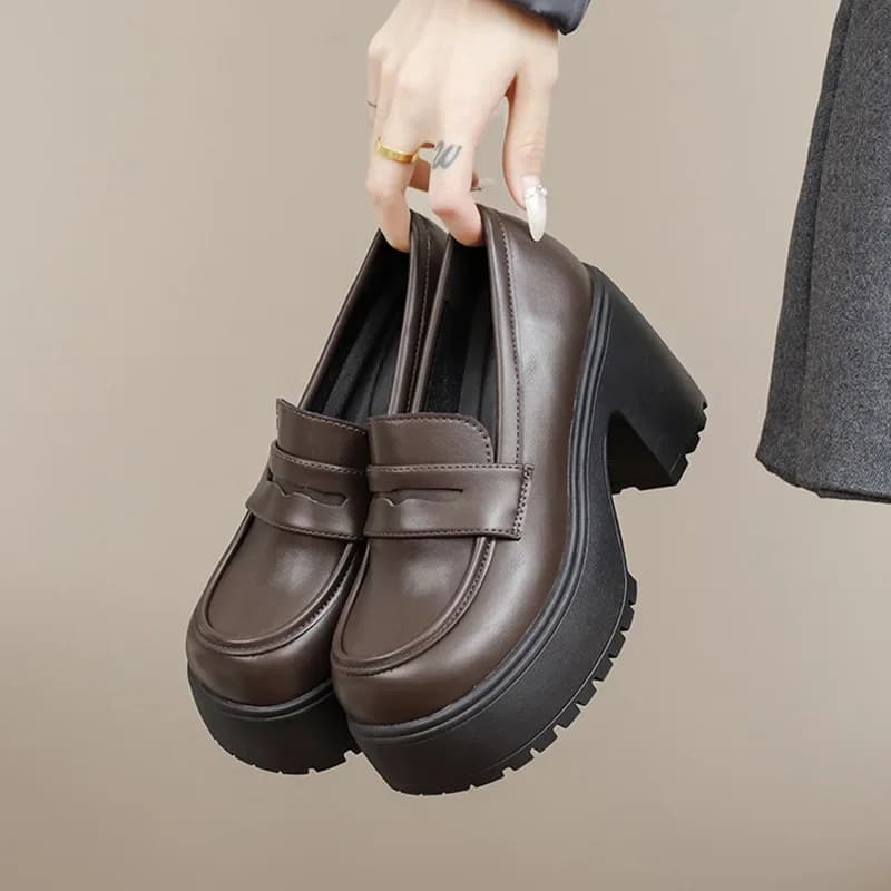 Dámské boty loafers vysoký podpatek tlustá podrážka britský styl jaro podzim 2024
