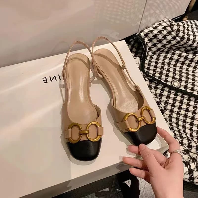 Dámské kožené sandály slip-on s nízkými podpatky retro francouzský styl kancelářské boty