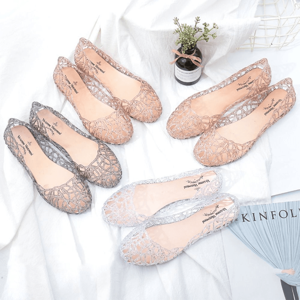 Dámské ploché sandály s výřezy prodyšné průhledné gumové plážové s kamínky