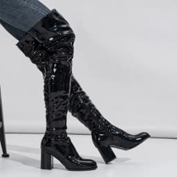 Dámské nadkolenní lakované kozačky s tlustými podpatky sexy styl boty - náhled 3