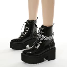 Gothic černé dámské kotníkové boty se zipem řetězová platforma s hrubým podpatkem punk styl - náhled 2