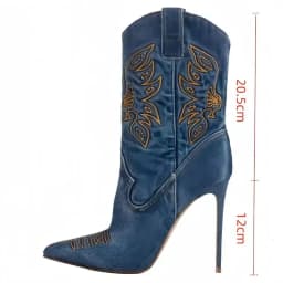 Dámské nadkolenní boty na vysokém podpatku špičaté Western denim výšivka nití rhinestones - náhled 3