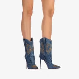 Dámské nadkolenní boty na vysokém podpatku špičaté Western denim výšivka nití rhinestones - náhled 7