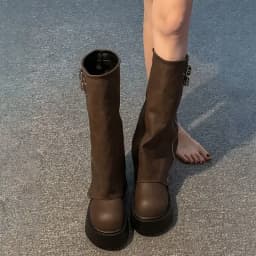 Retro nadkolenní boty pro široké lýtko tlustá podrážka PU materiál kulatá špička - náhled 4