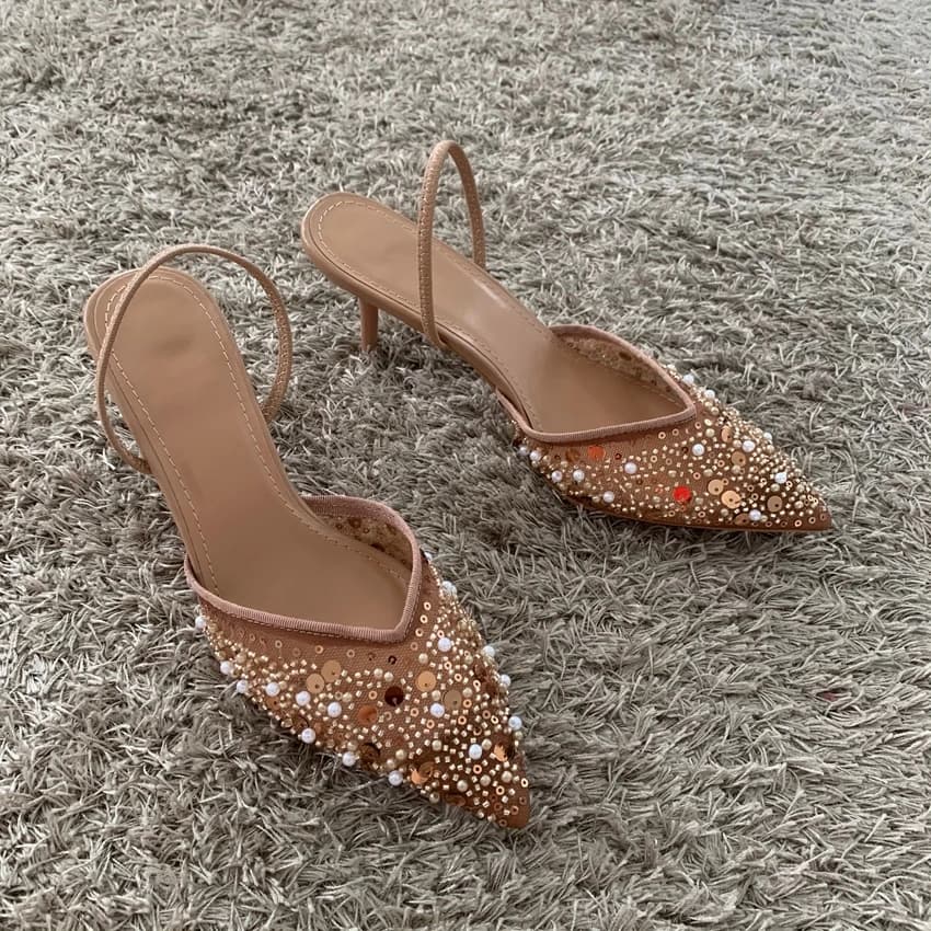 Luxusní vysoké podpatky slingback sandály s kamínkami a síťovaným vrškem pro ženy