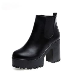 Dámské kozačky nad kolena PU kůže s platformou a čtvercovým podpatkem motocyklový styl - náhled 6