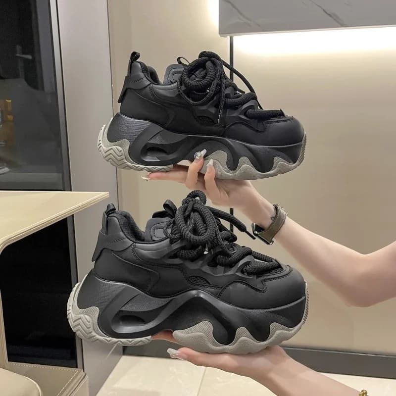 Černé platformové dámské tenisky šněrovací s tlustou podrážkou PU kůže prodyšné jaro 2024