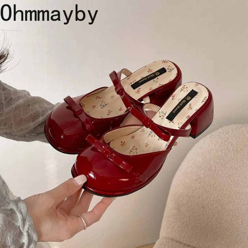 Letní dámské pantofle s motýlkovým uzlem, zavřenou špičkou a tlustým podpatkem