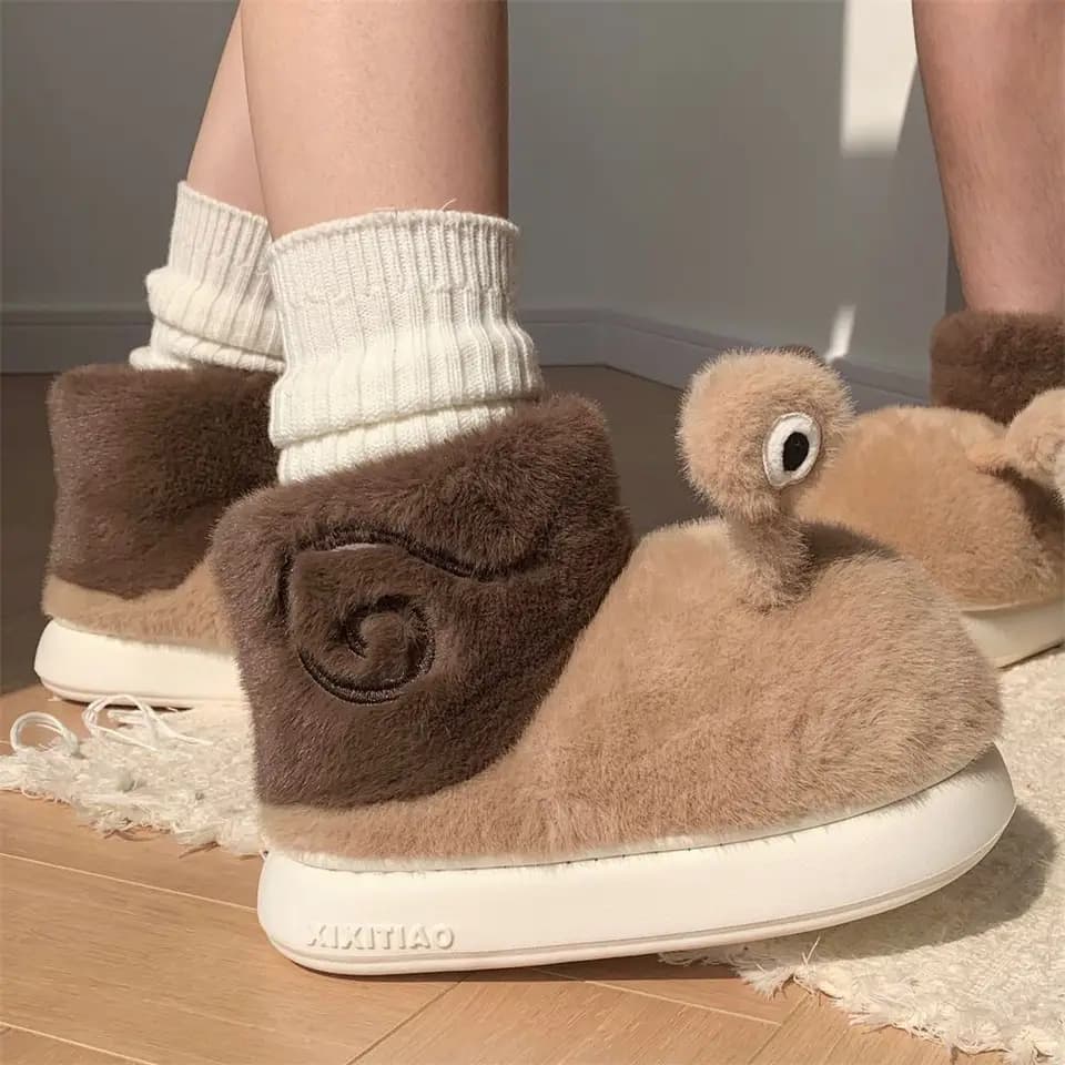 Unisex chlupaté pantofle pro páry domácí plyšové papuče s motivem hlemýždě