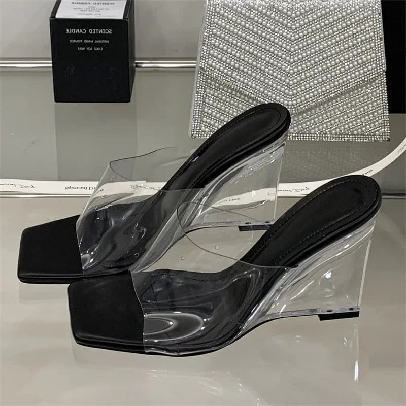 Letní dámské sandály s krystalovými ozdobami a klínovými podpatky průhledné PVC čtvercová špička