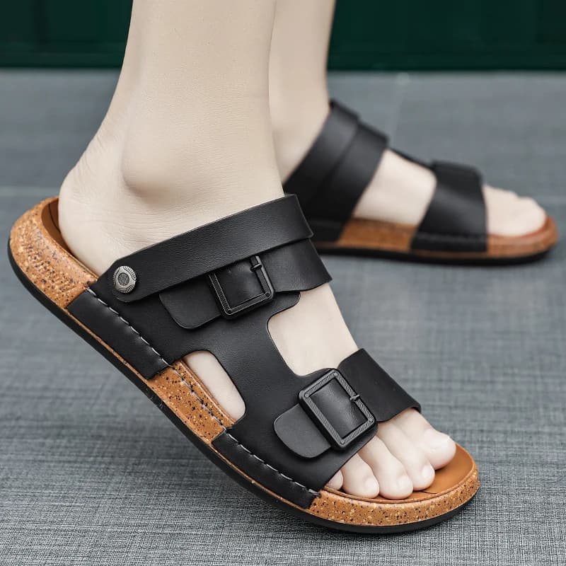 Pánské černé kožené sandály s korkovou podrážkou letní retro plážové pohodlné