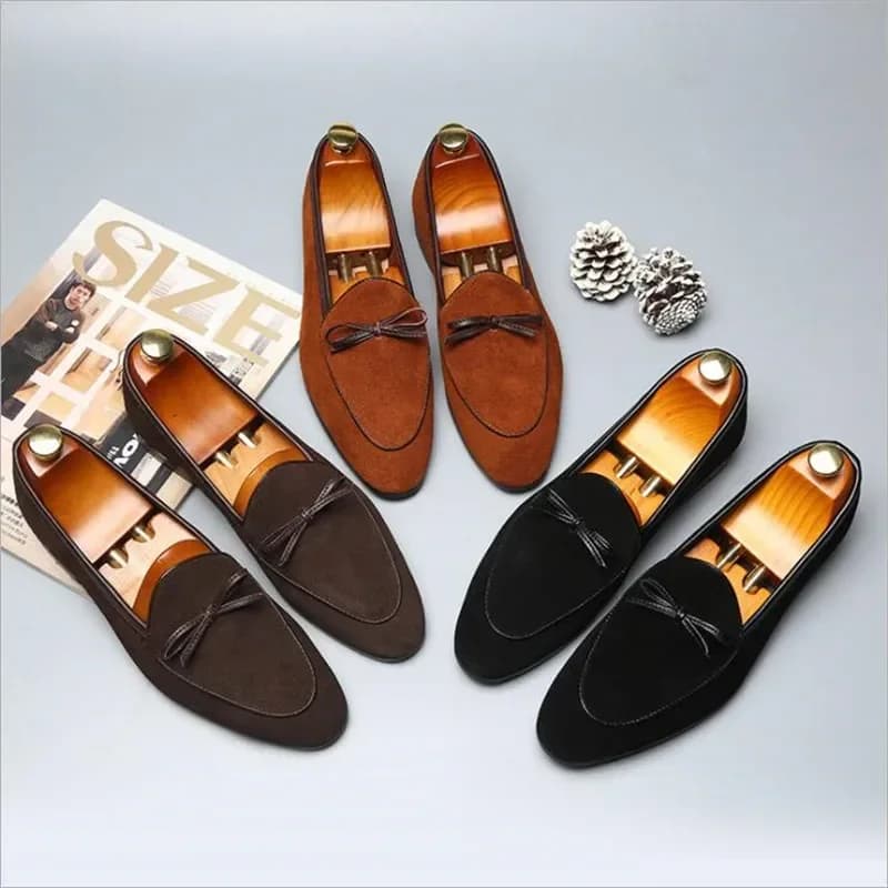 Pánské casual boty s mašličkou slip on mokasíny semišové