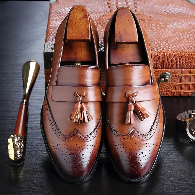 Pánské kožené loafers 37–48 Velikost s třásněmi a brogue vzorem formální i neformální