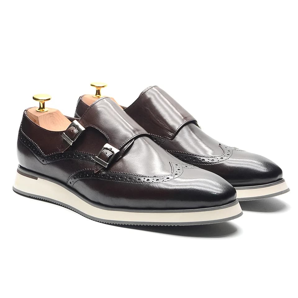 Luxusní pánské kožené společenské boty s monk strap dvojité přezky Wingtip Oxford Brogue