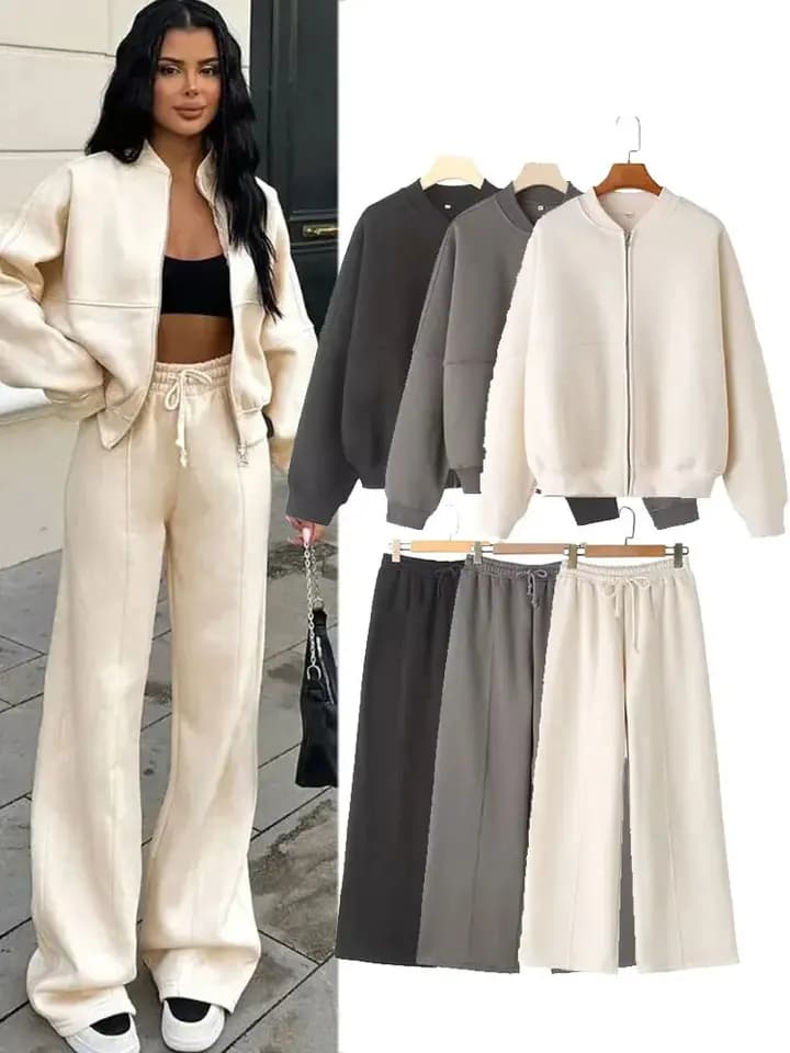 Dámská podzimní 2dílná sada retro jednobarevná zip bomber bunda a široké kalhoty s vysokým pasem