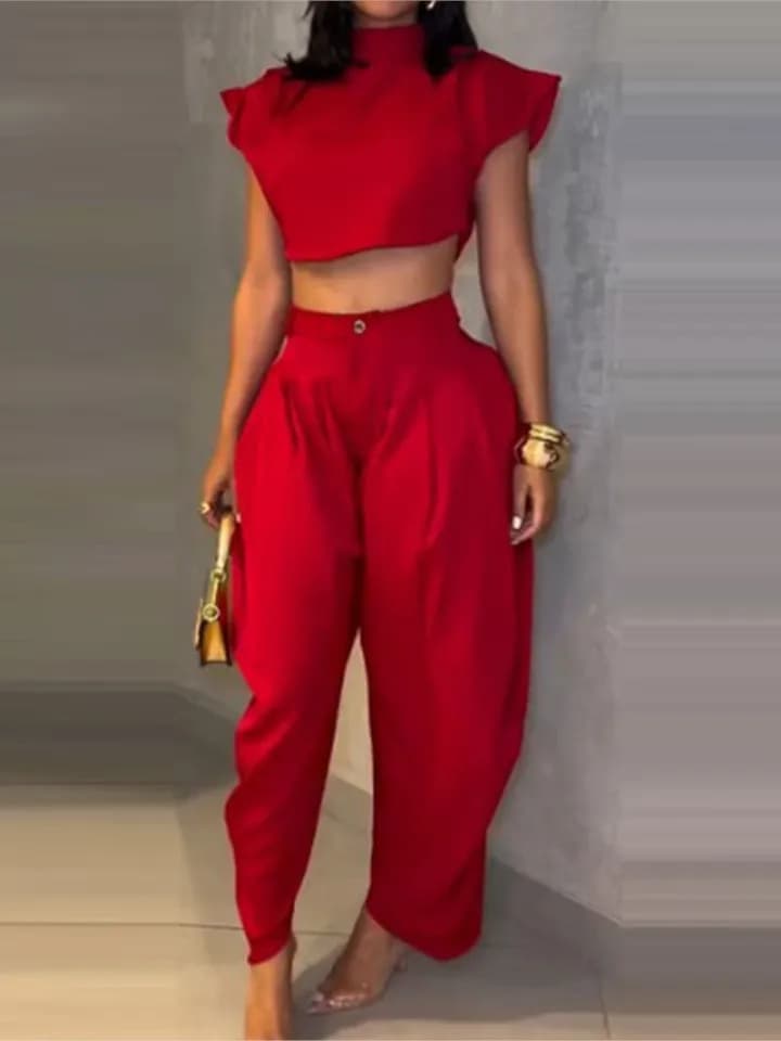 Letní móda pro ženy dvoudílný elegantní set černý top a kalhoty s vysokým pasem