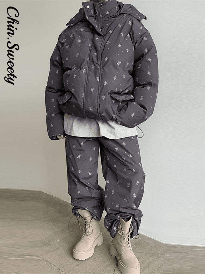 Dámský bavlněný kabát s kapucí a kalhoty 2-dílný květinový tisk zimní set 2025